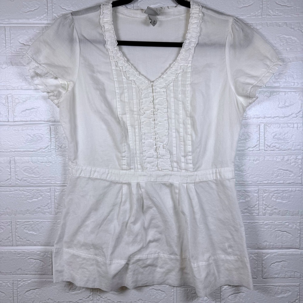 Merona Blouse Women Size M White Ruffle V-Neck Babydoll Short Sleeve Top